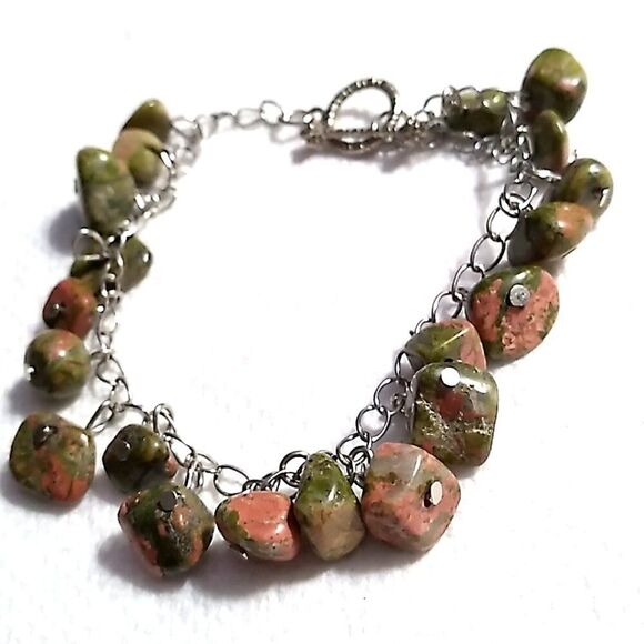 Artisan Unakite Jasper Bracelet Green Pink Stone Beads Silver Chain Toggle Clasp - Picture 3 of 13